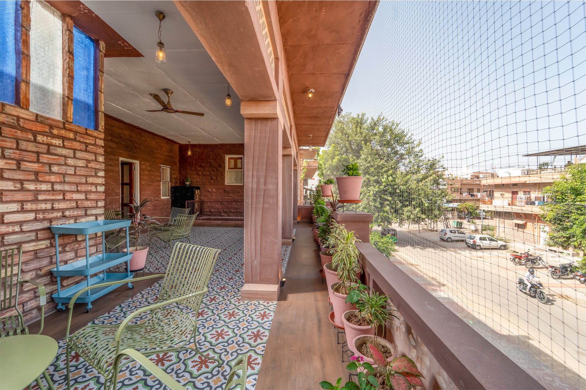 Terrace seating area with city views