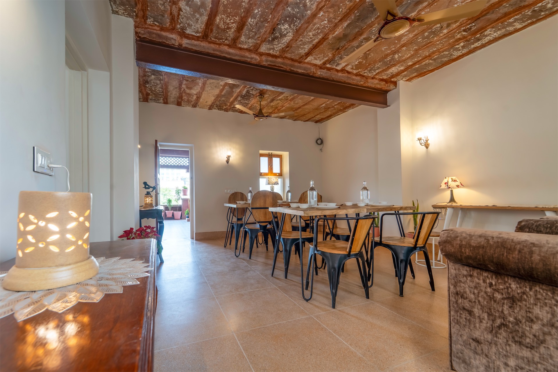 Dining room with warm lighting and wooden furniture