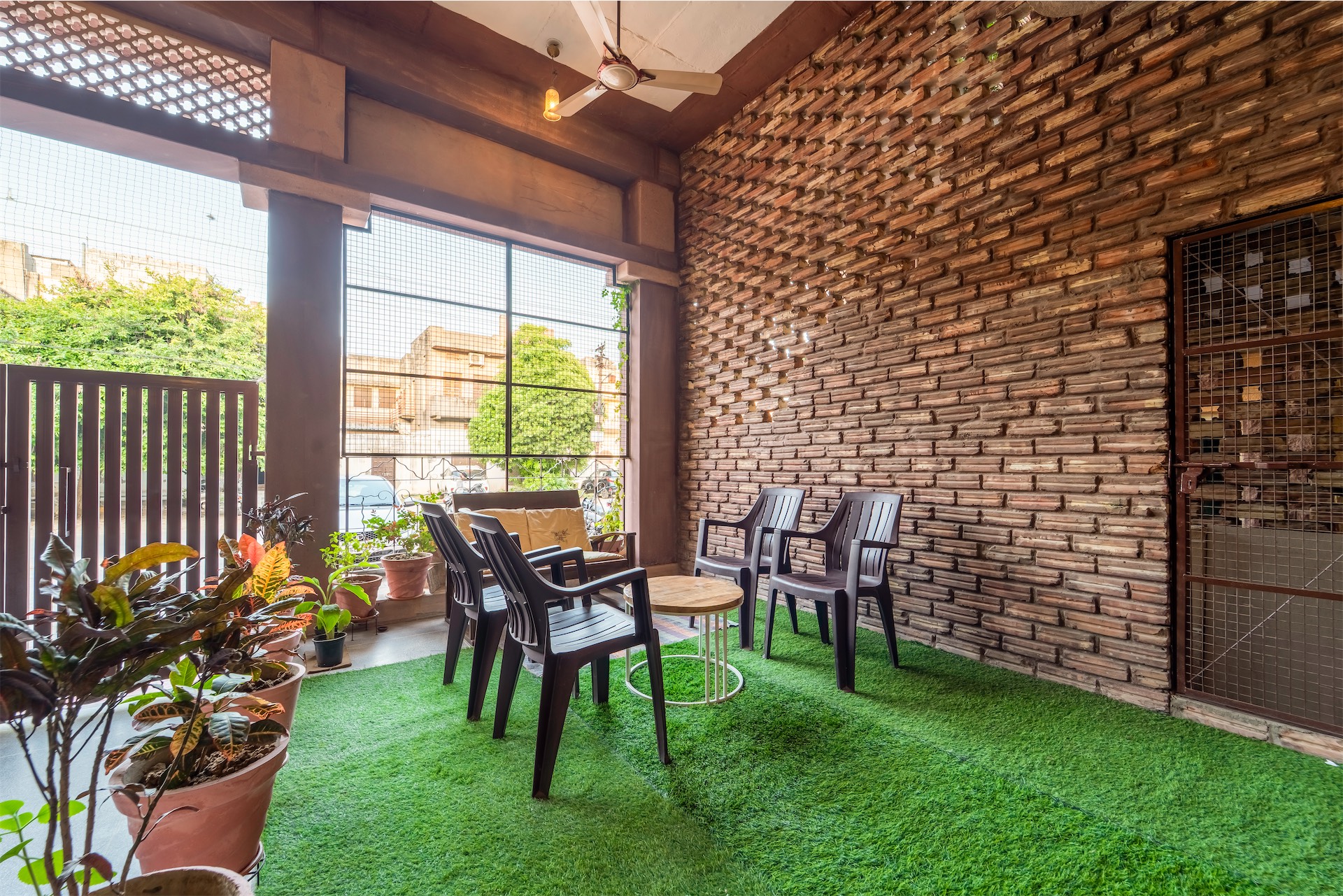 Entrance area with warm evening lighting