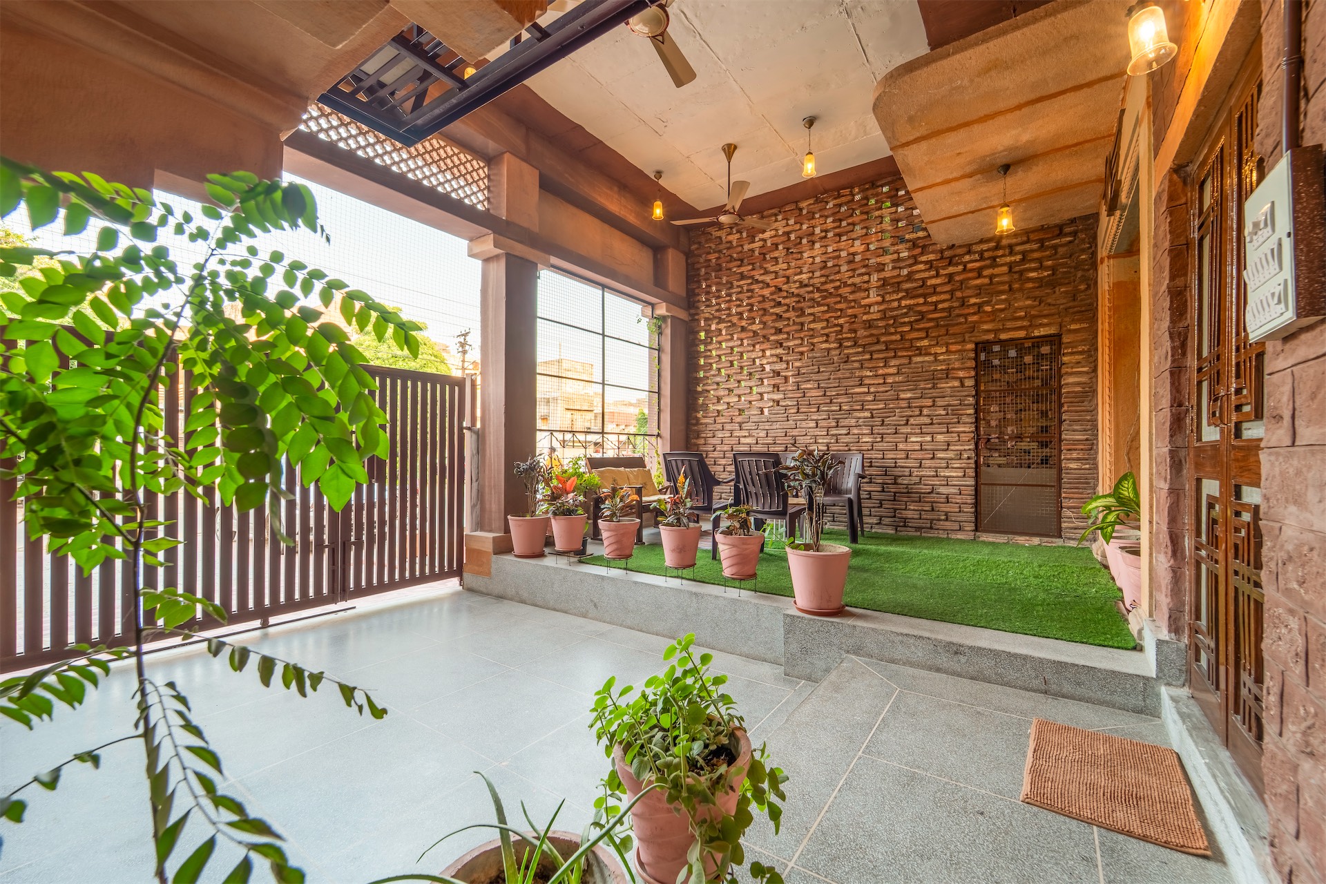 Entrance seating with potted plants